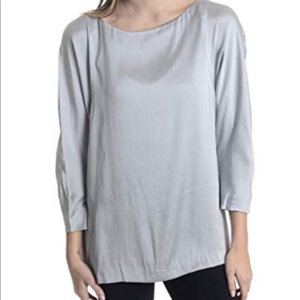Theory Light Gray Silk-Blend Boatneck Blouse
